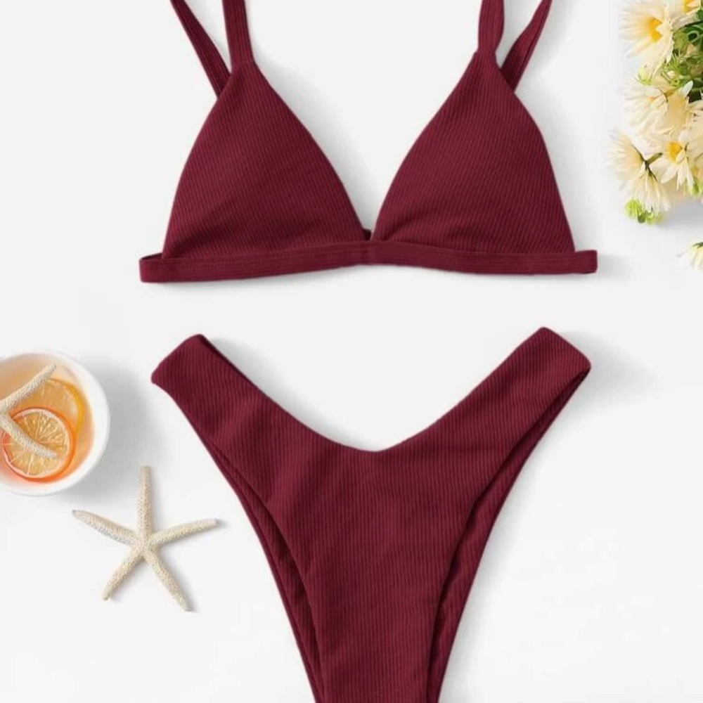 Rib triangle high leg bikini swimsuit